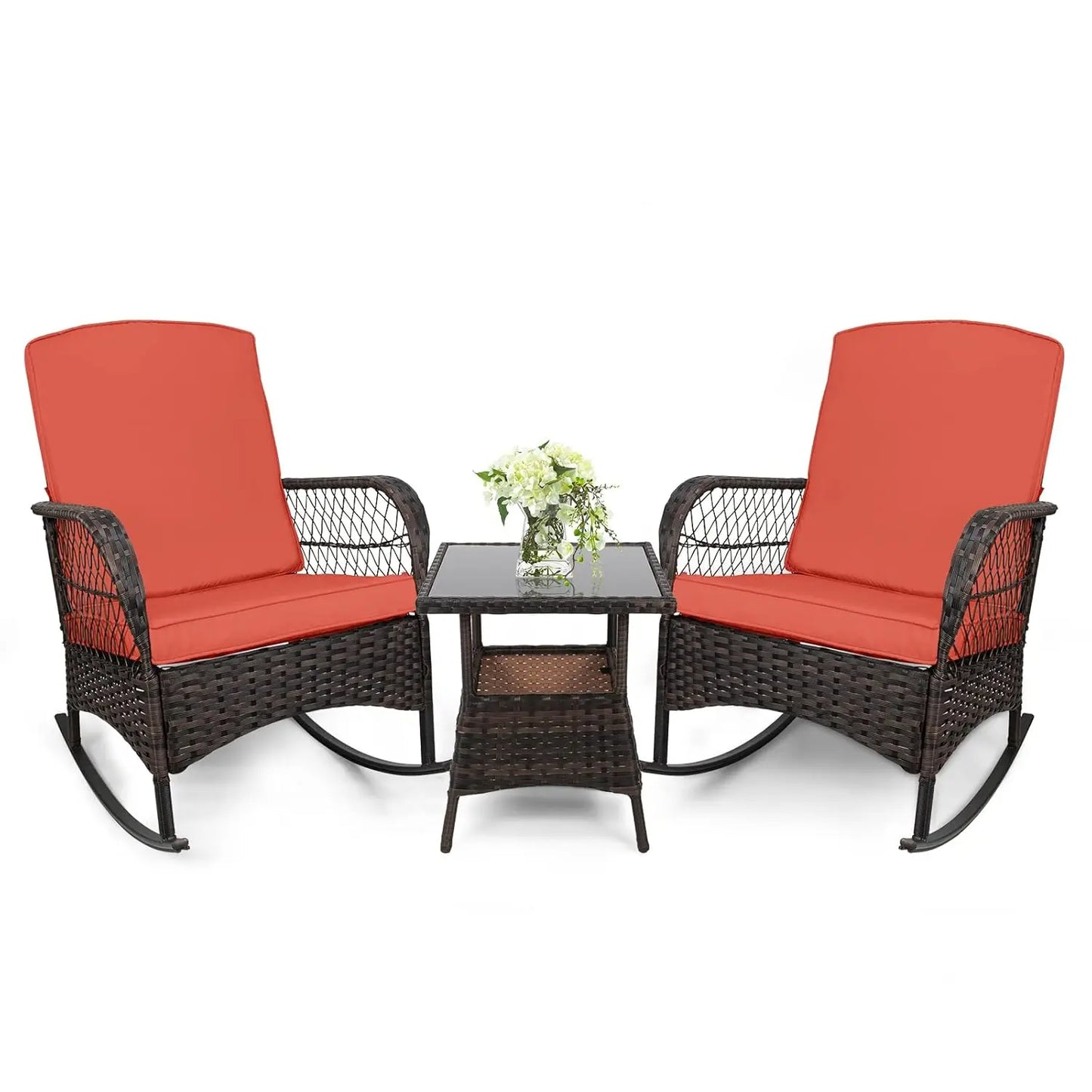 Outdoor Rocking Bistro Set With Glass Table PE Wicker 3-Piece