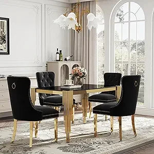 AMHDDT Five-Piece Glass Dining Set for Four with Velvet Chairs