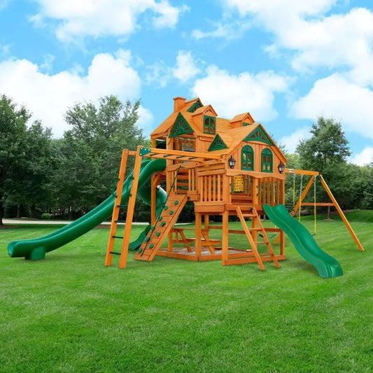 Wooden Swing Set With 3 Decks And 3 Slides