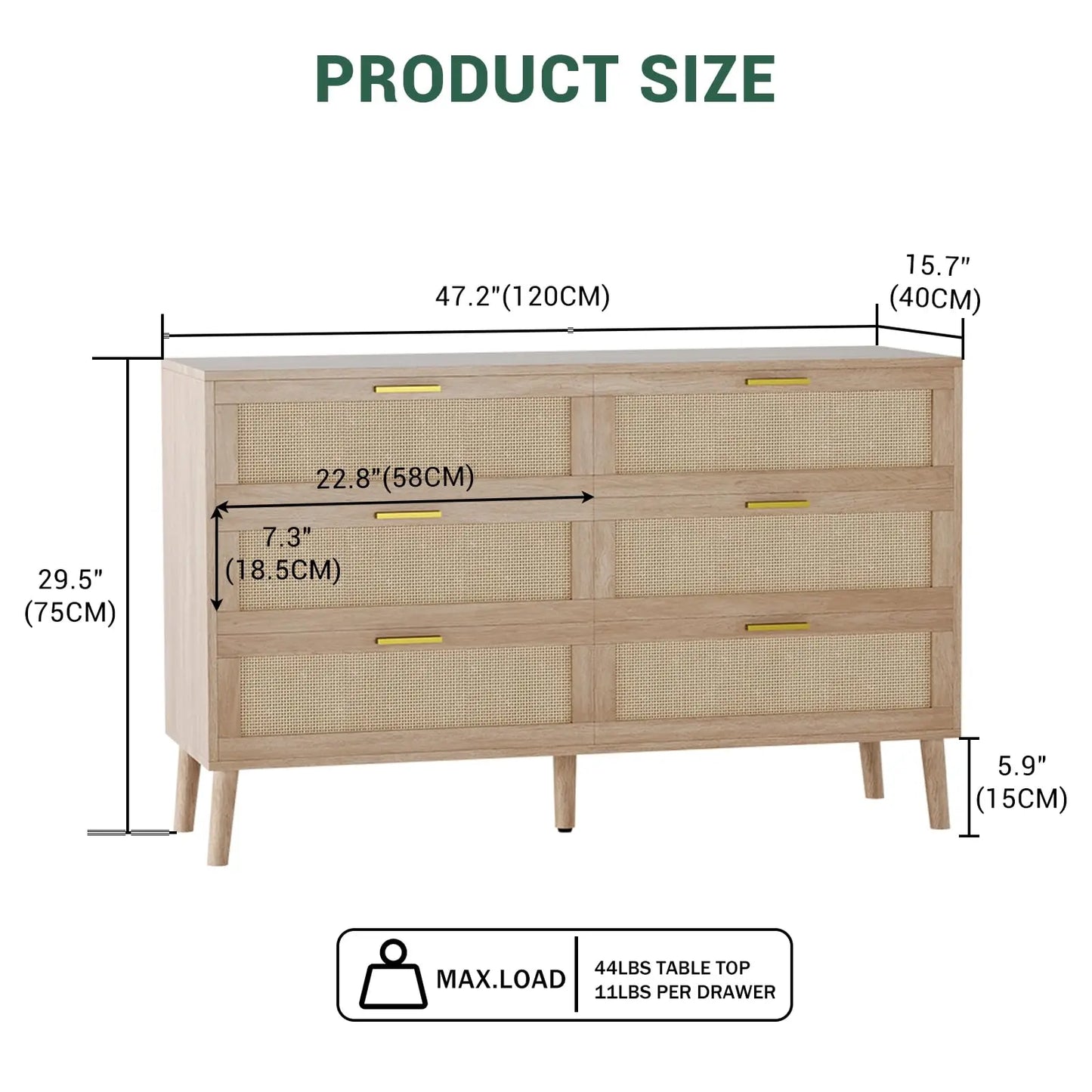 HiMISS Rattan 6 Drawer Dresser Mid Century Modern Chest