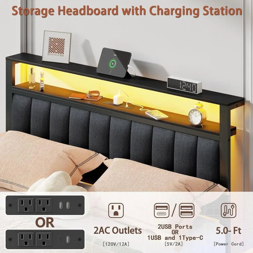 Queen Platform Bed With Charging Station LED Lights And Storage