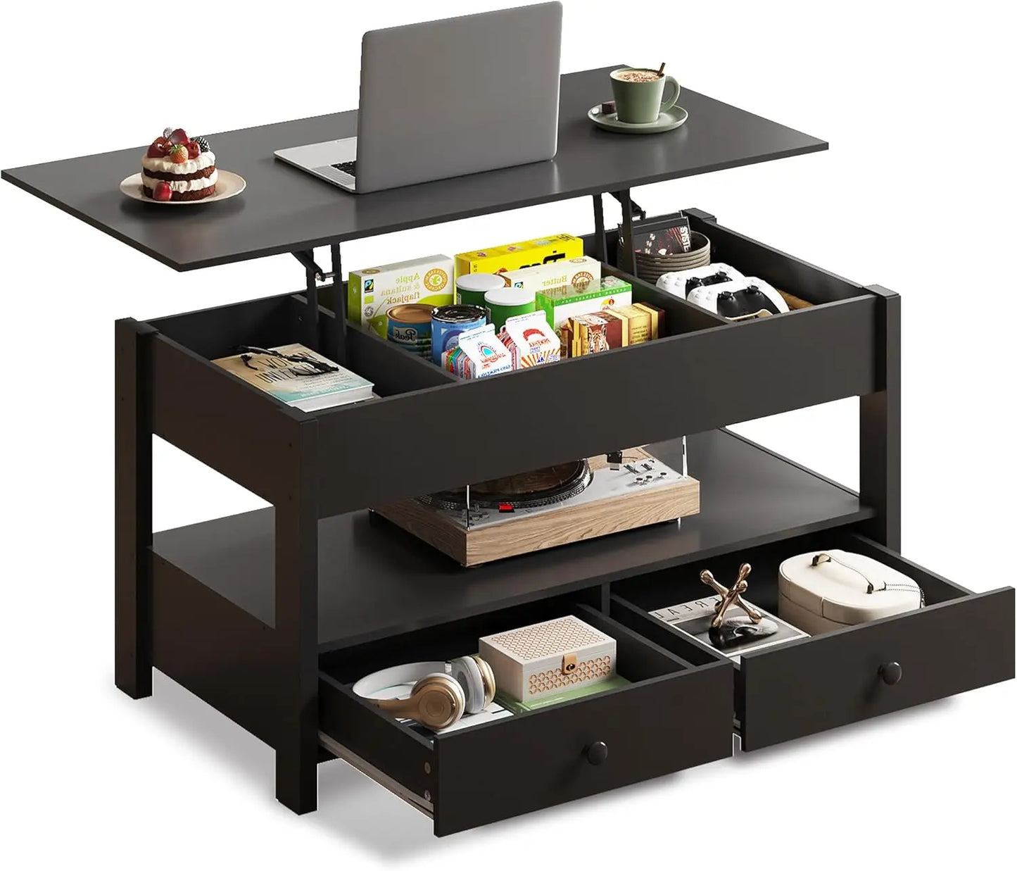 Lift Top Coffee Table With LED Light and Two Drawers