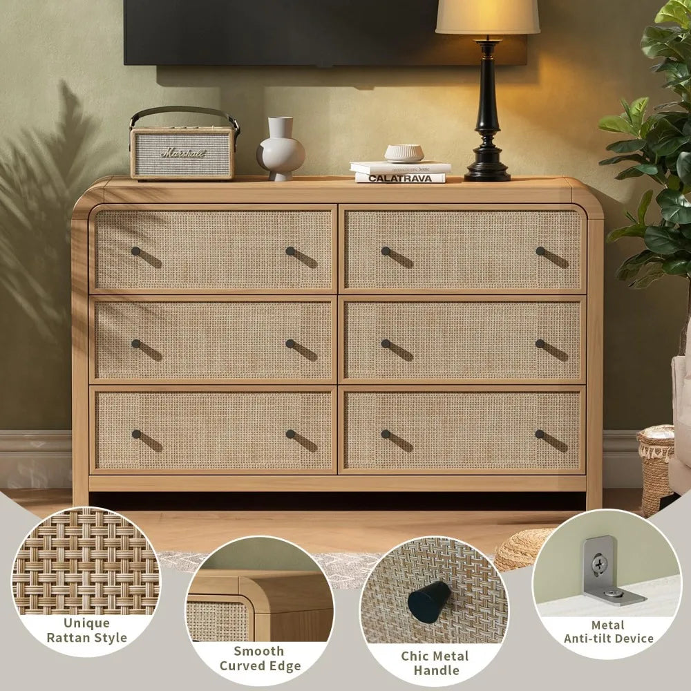 TIFICY Boho Rattan 6 Drawer Dresser For Bedroom Storage