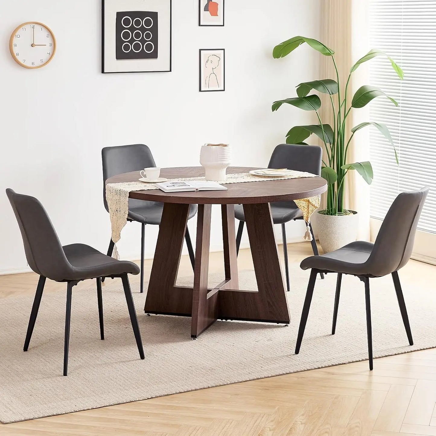 Mid-Century Round Dining Table Set With 4 Metal Leg Chairs