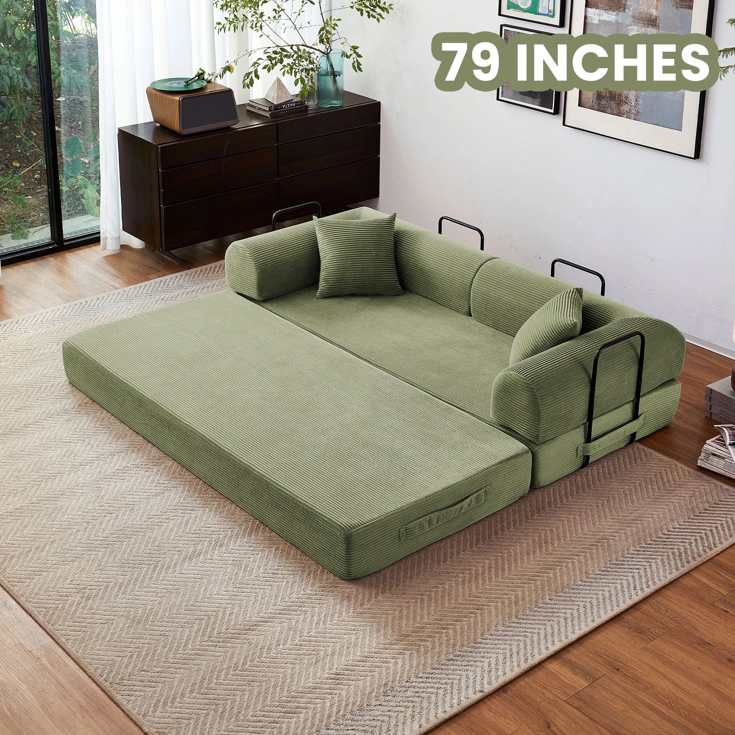 Foldable Convertible Futon Sofa Bed With L-Shaped Armrests Living Room