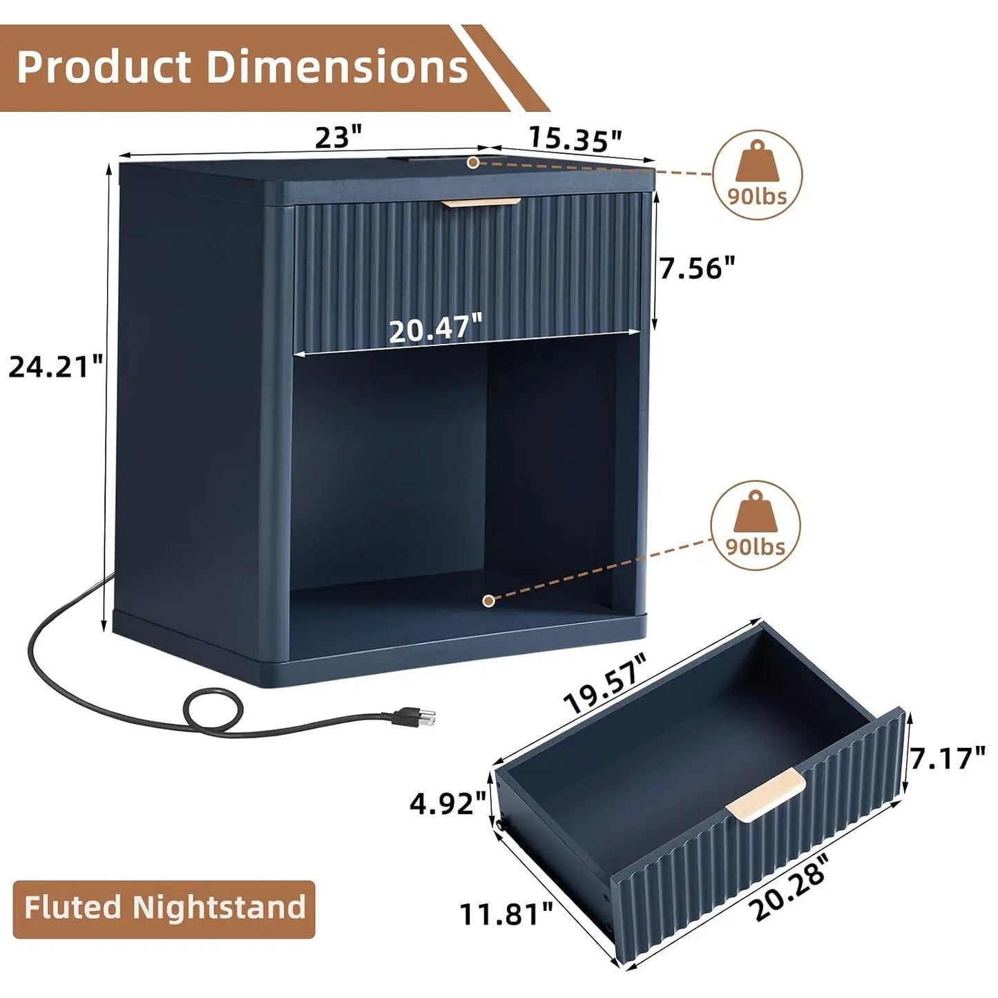 Fluted Farmhouse Nightstand Set Of 2 With Charging Station