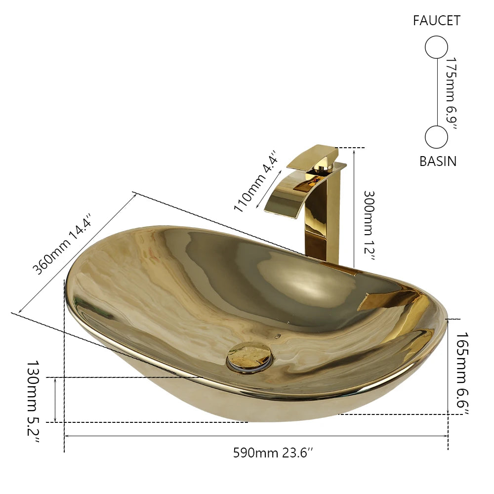 Yanksmart Ceramic Bathroom Sink Set With Deck Mounted Faucet Pop Up Drain