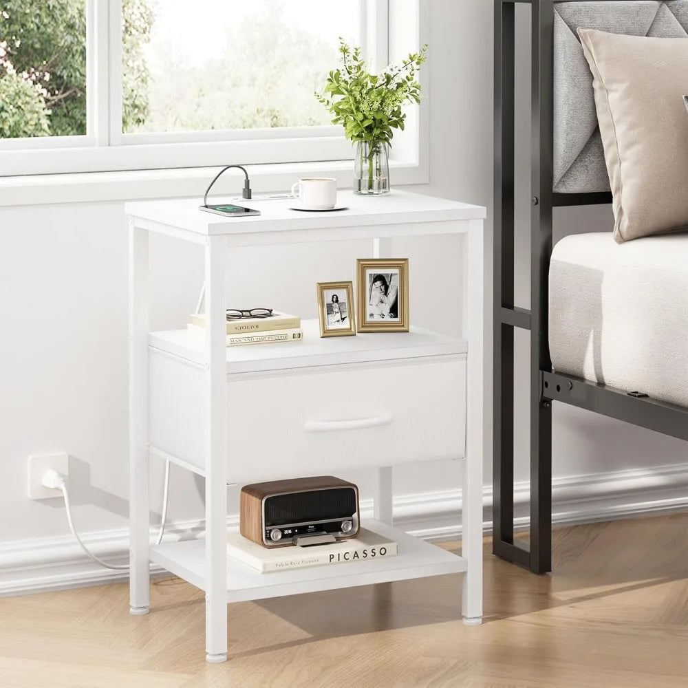 NBVCX Compact Nightstand With Charging Station And Adjustable Drawer