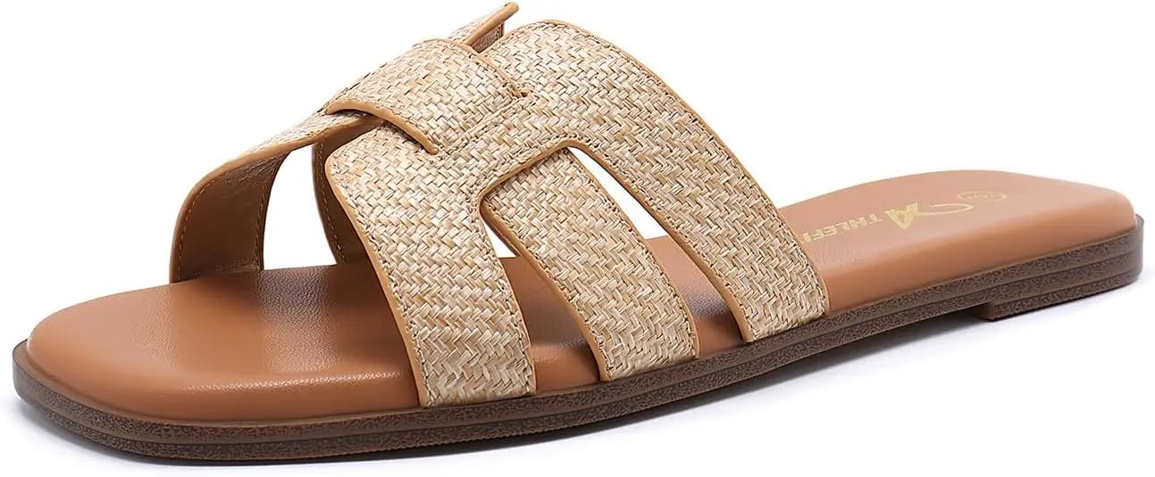 NONECN Flat Leather Slip-On Sandals For Summer Comfort