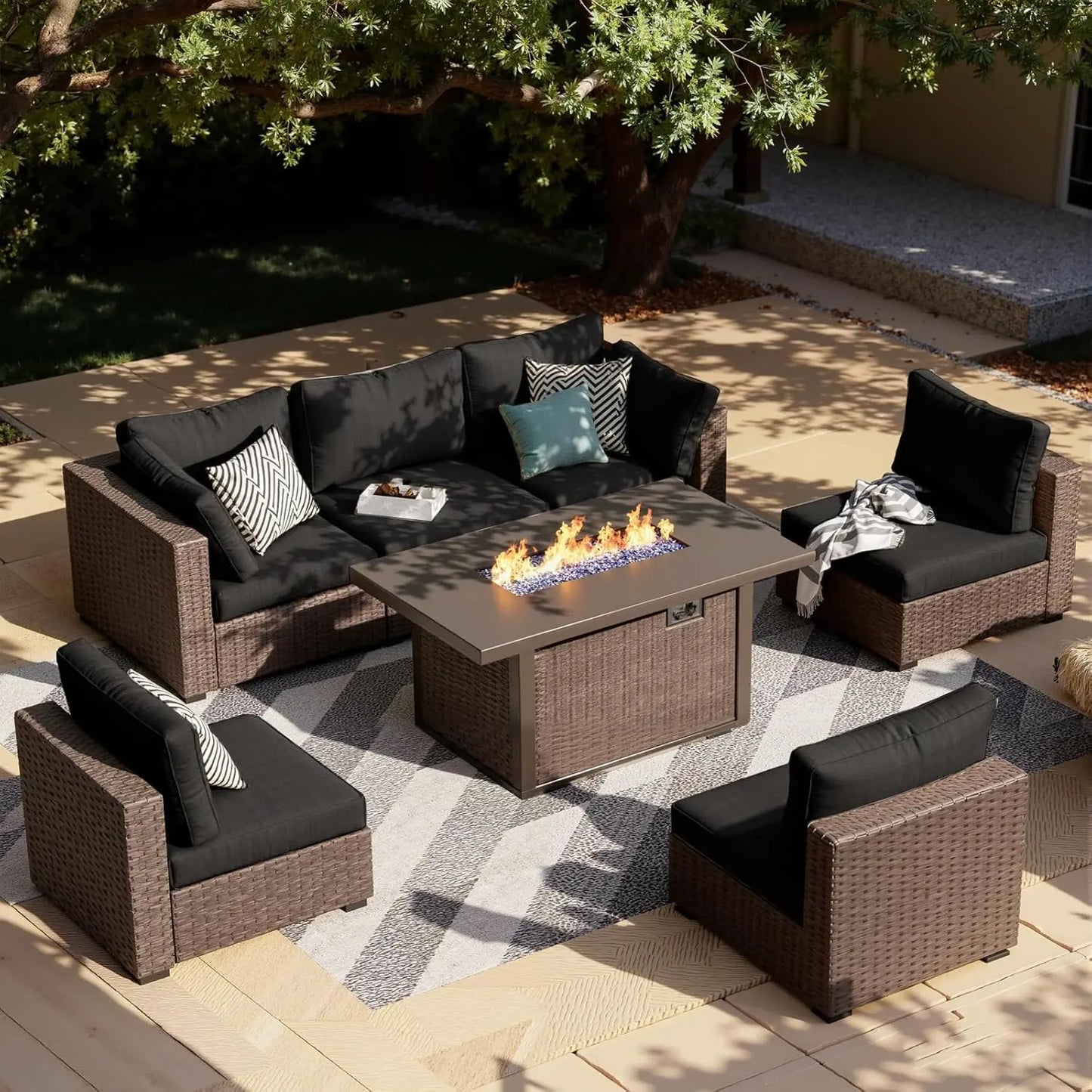 XIAOLANG 7-Piece Outdoor Patio Furniture Set Wicker Fire Pit Table