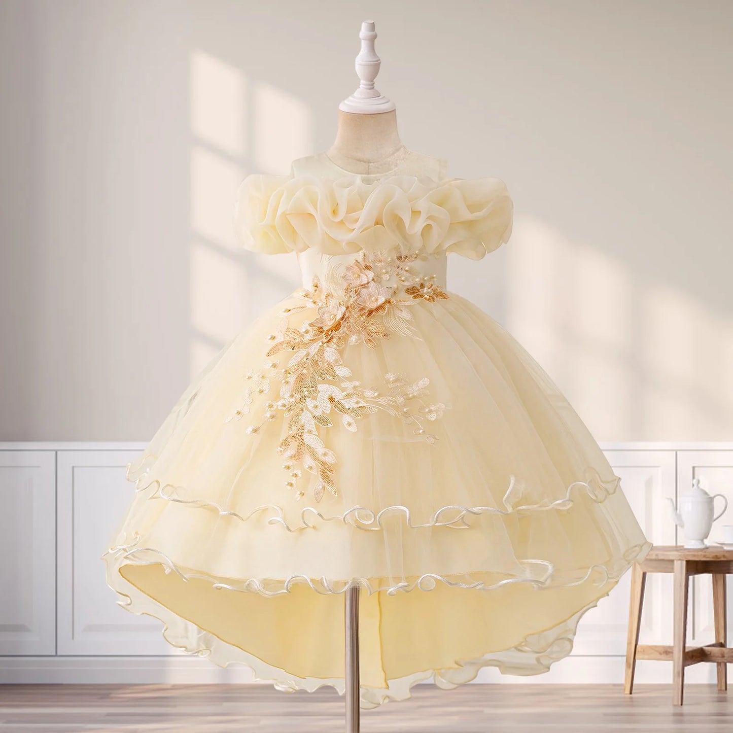 Toddler Girls Floral Print Sleeveless Tulle Dress With Ruffles