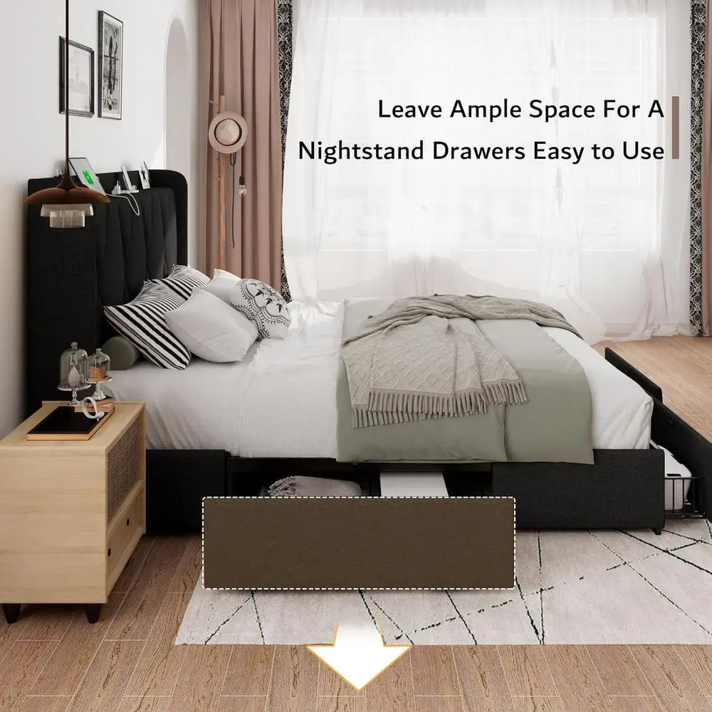 Upholstered Bed With Storage Drawers And USB Charging Station