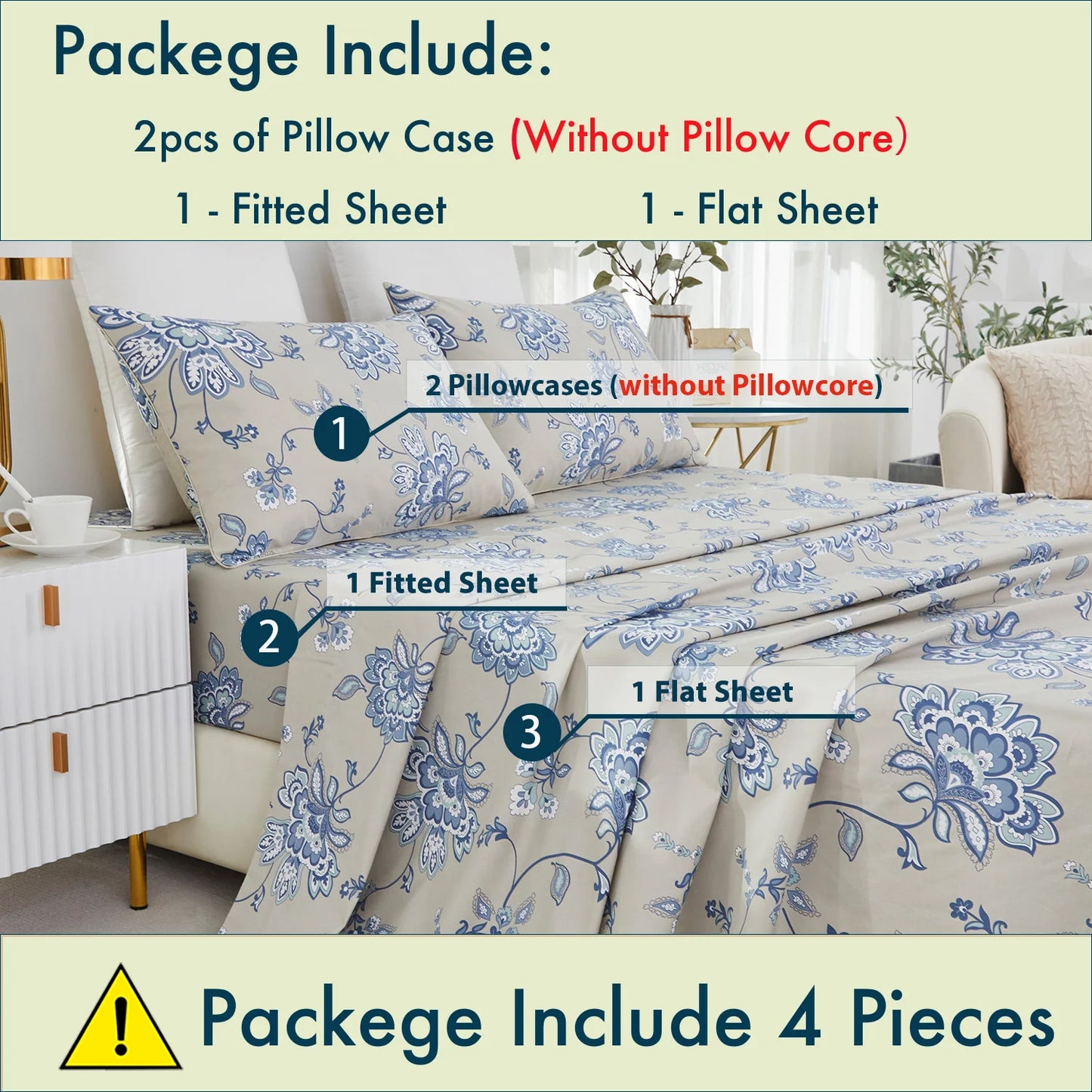 LISSTHERCN 4-Piece Egyptian Cotton Sheet Set 600TC