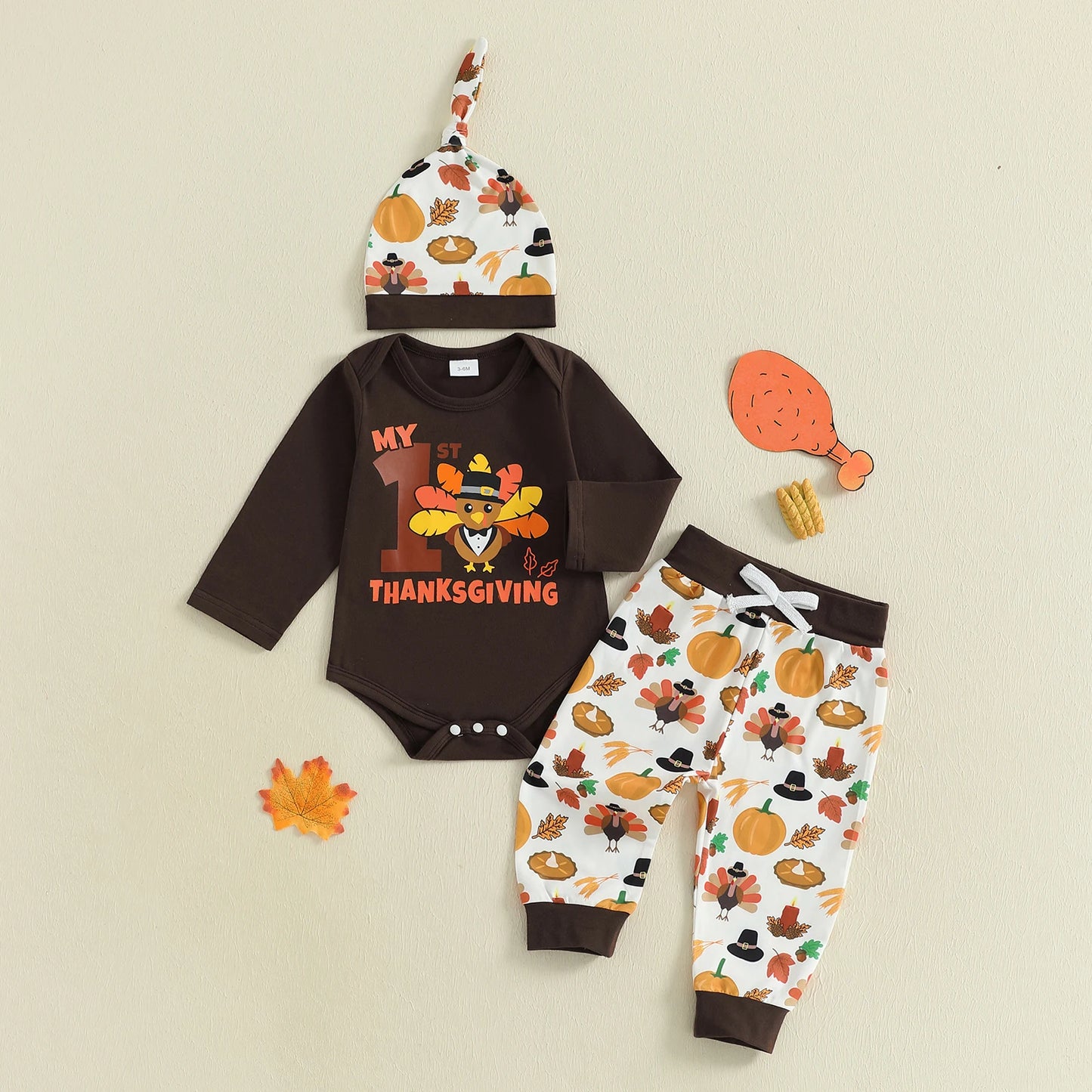 Thanksgiving Turkey Print Baby Boy 3Piece Outfit Set With Hat