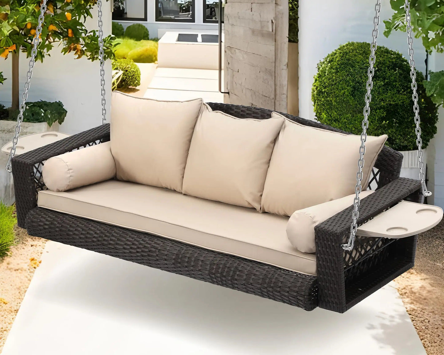 ZHENDAI Wicker Hanging Porch Swing Outdoor Patio Bench