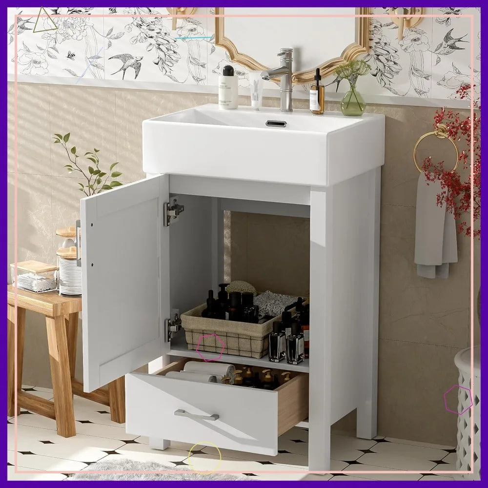 Freestanding Bathroom Vanity With Ceramic Sink, Soft Closing Door