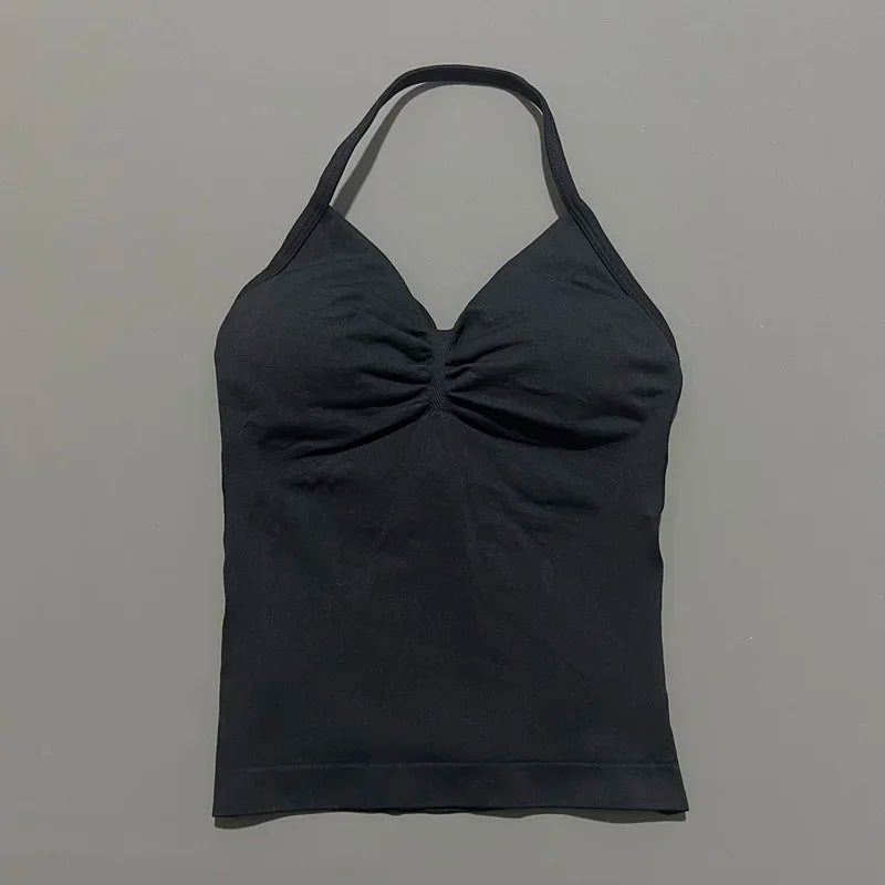 Women Gym Halter Top Longline Strappy Yoga Tank Removable Cups