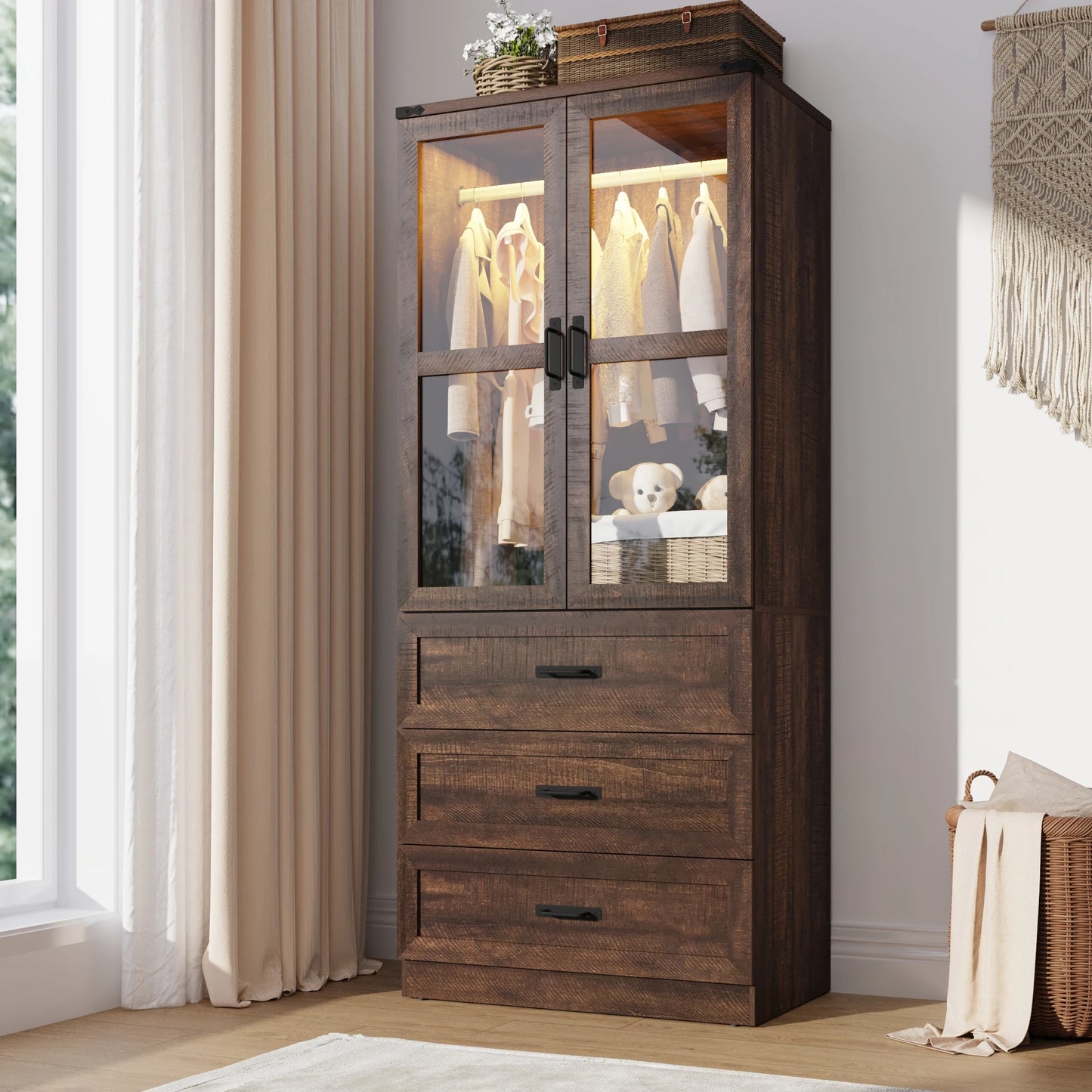 QiaoShiRen Farmhouse Armoire Wardrobe With LED Lighting Freestanding