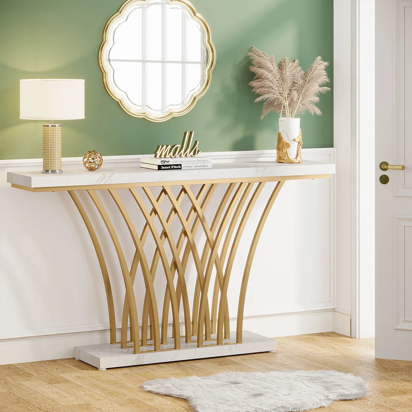 Tribesigns Modern Gold Console Table With Grid Base For Entryway