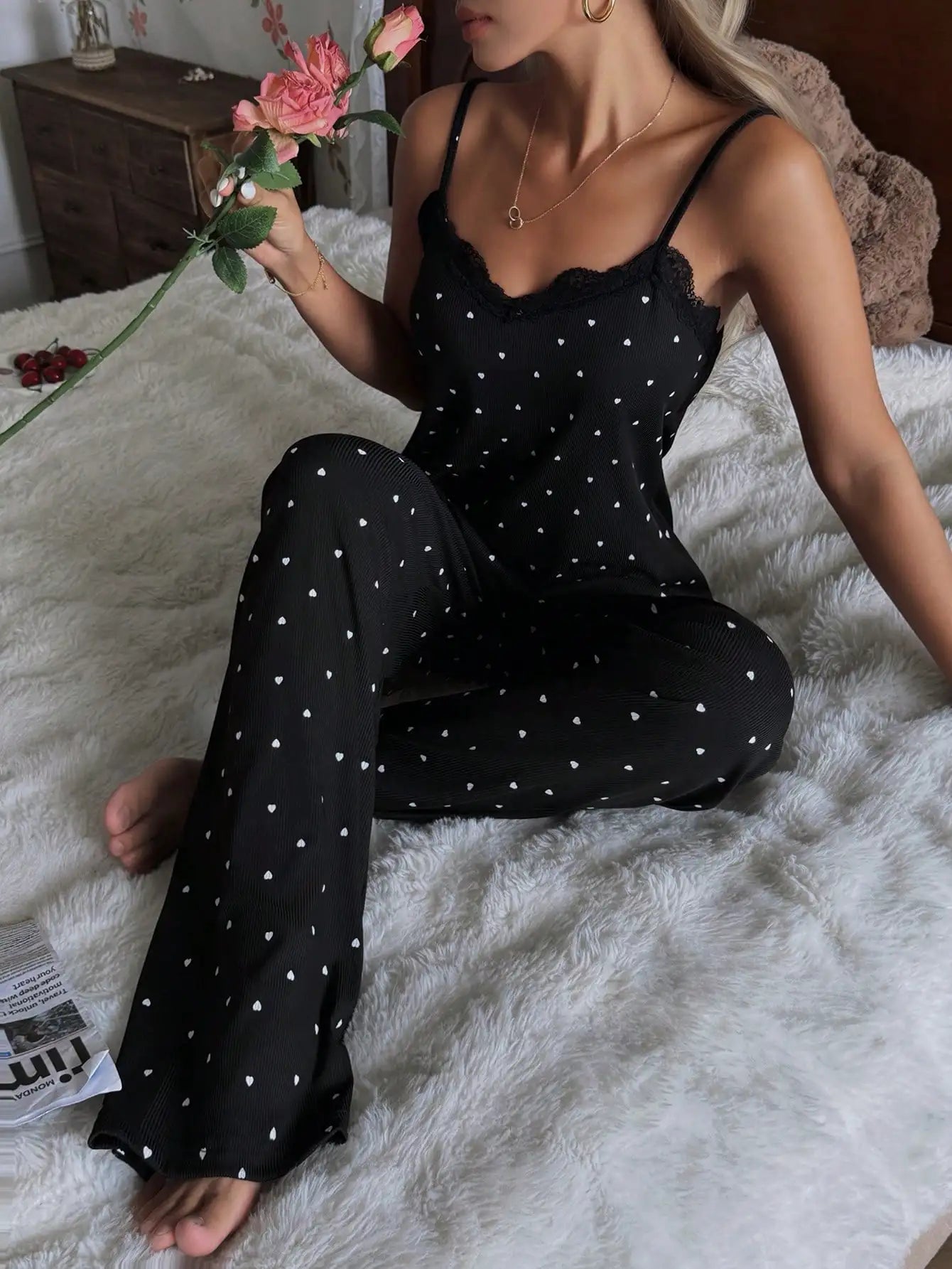 Women's Heart Print Lace Trim Camisole Pajama Set Comfort