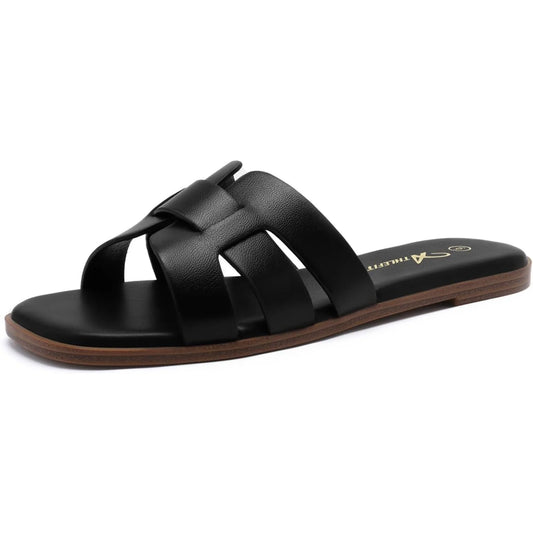 NONECN Flat Leather Slip-On Sandals For Summer Comfort