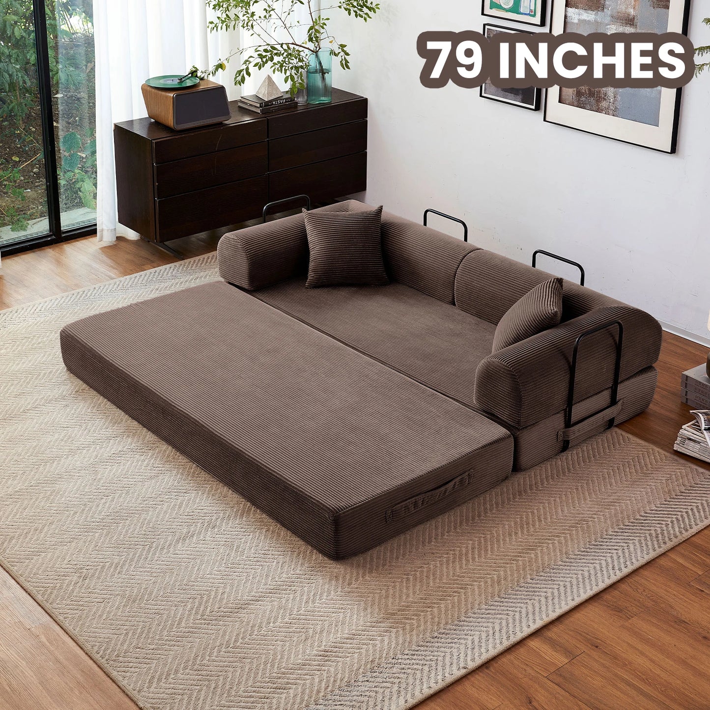Foldable Convertible Futon Sofa Bed With L-Shaped Armrests Living Room