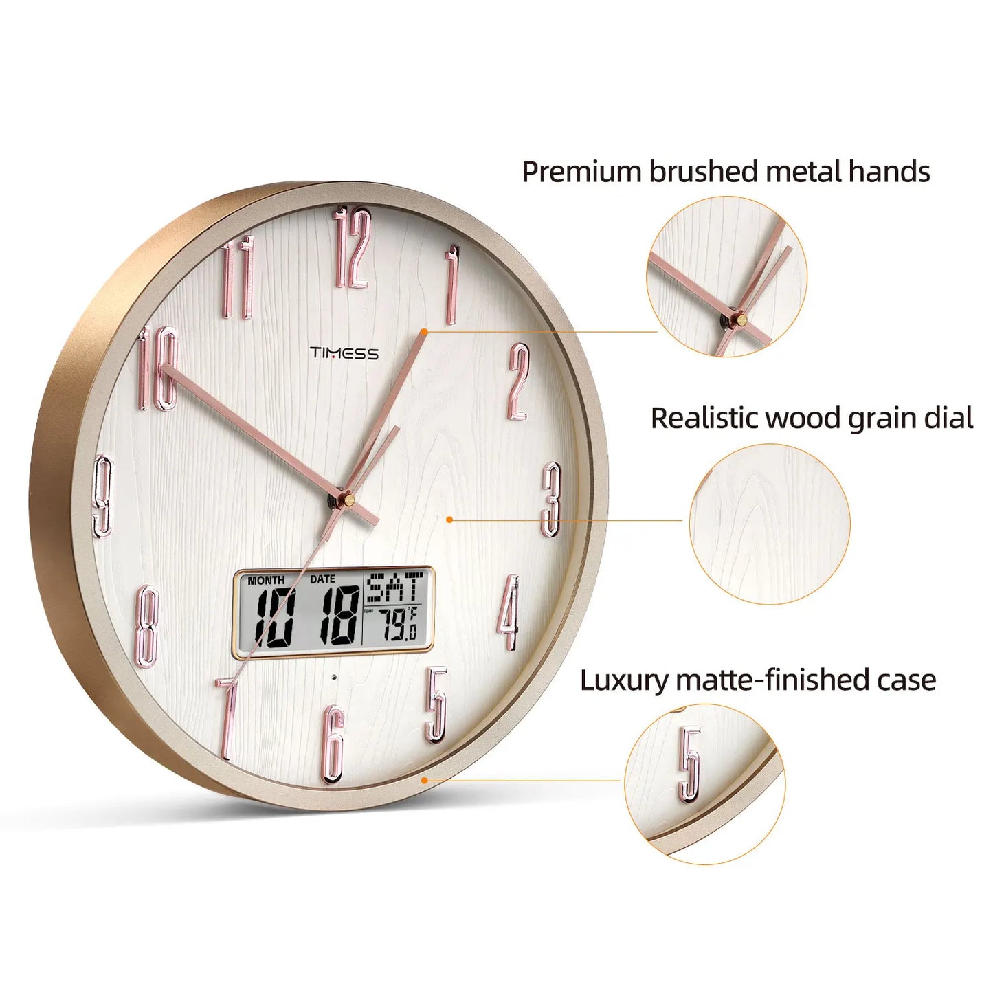 TIMESS Luminous Voice Activated Wall Clock With Perpetual Calendar