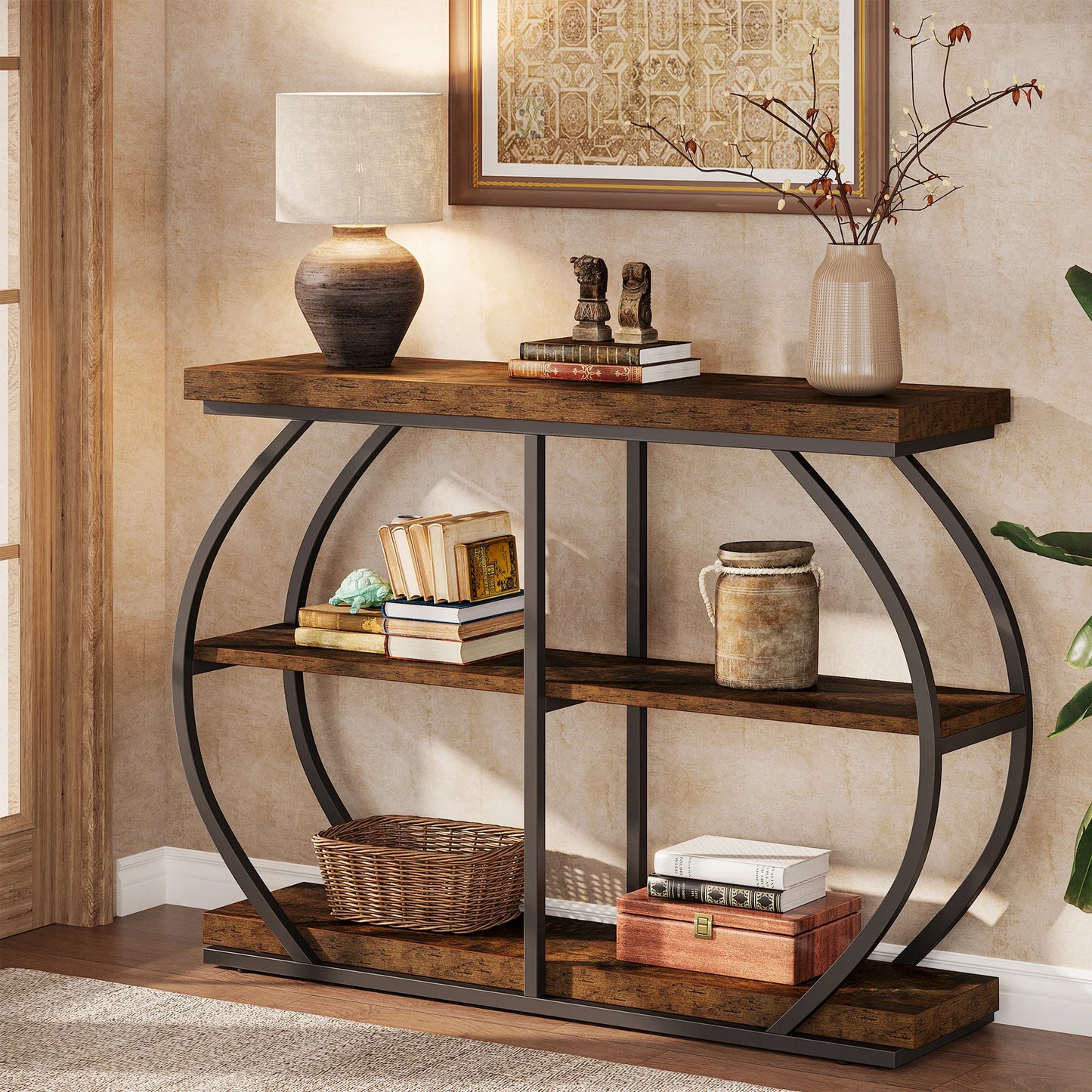 Tribesigns Industrial Console Table With Arched Metal Frame And Storage Shelves