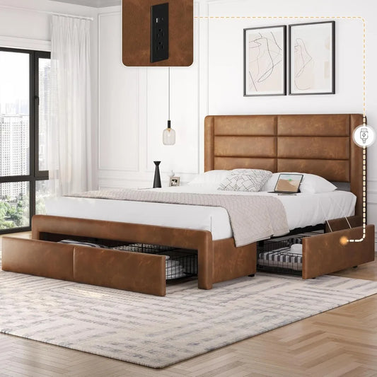 Leather Upholstered Bed Frame With USB Chargers And Storage Drawers