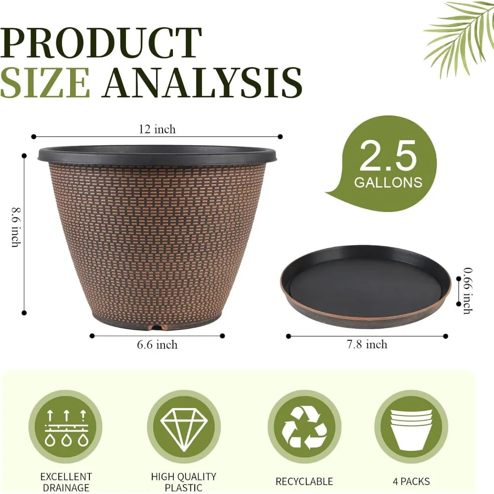 Plant Pots 4-Pack With Drainage Holes And Saucers Indoors Outdoors