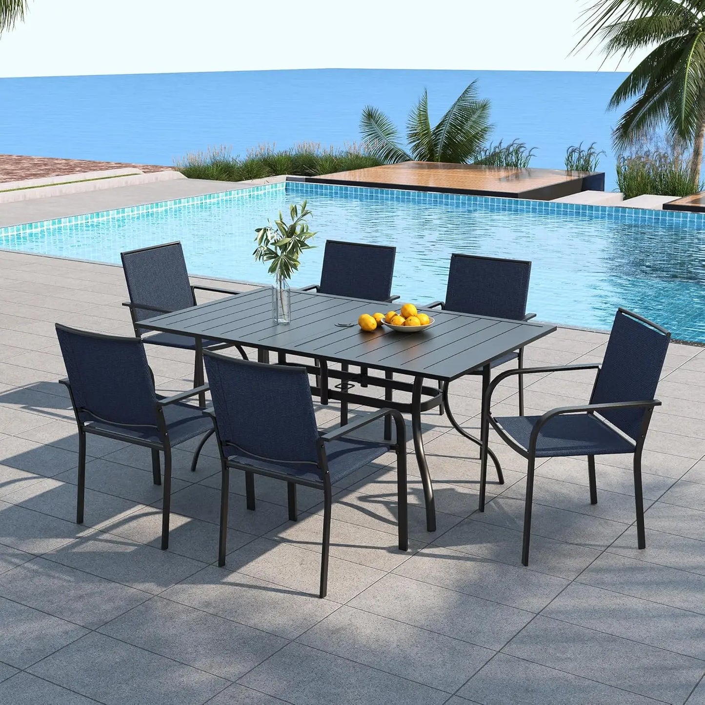 7 Piece Outdoor Patio Dining Set With 6 Stacking Chairs Rectangular Table