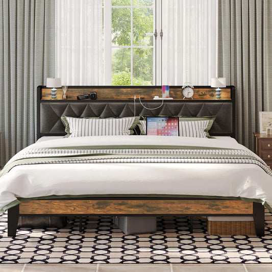 ANCTOR Bed Frame With Storage Headboard And Outlets No Box Spring