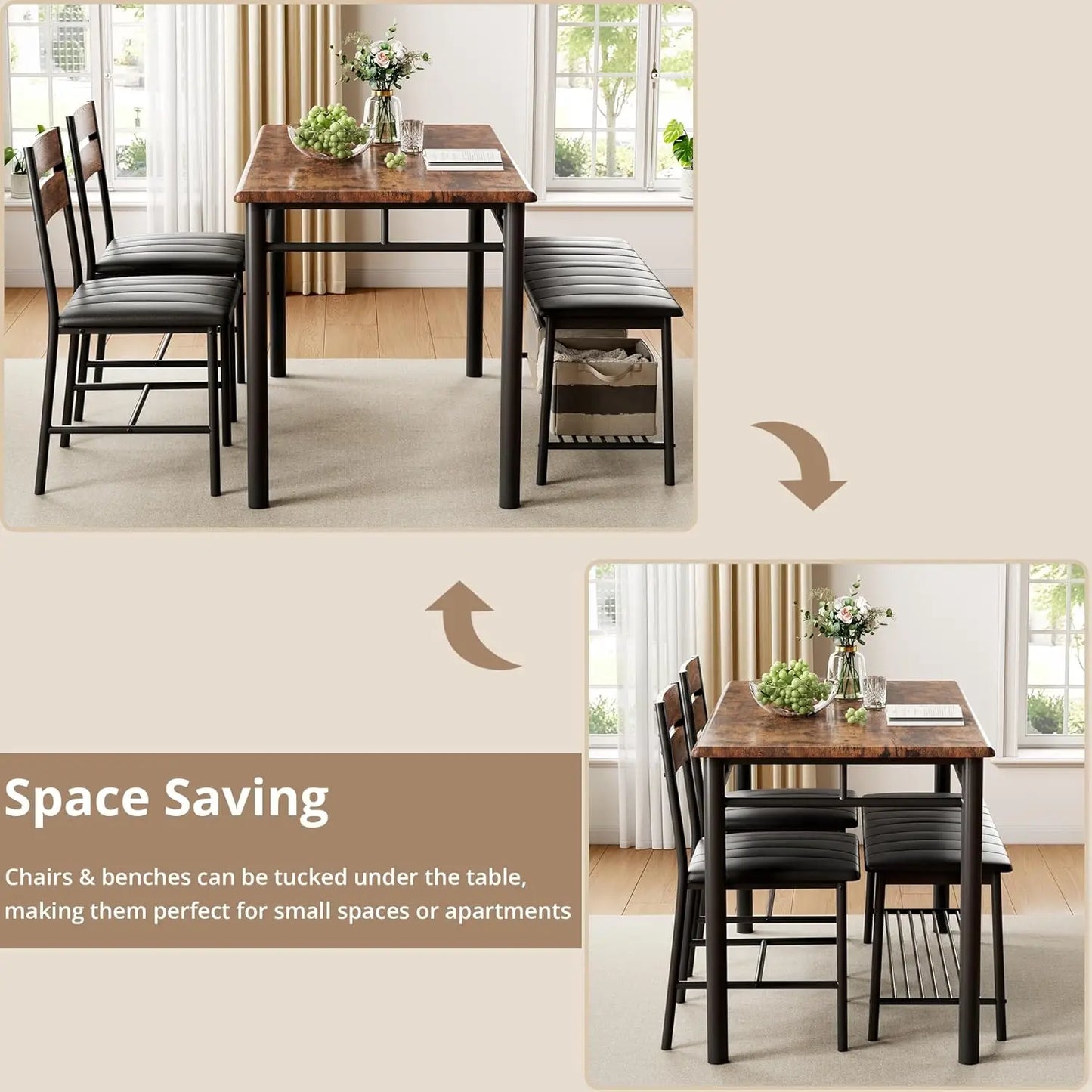 IRONCK Dining Table Set With Upholstered Bench And Chairs