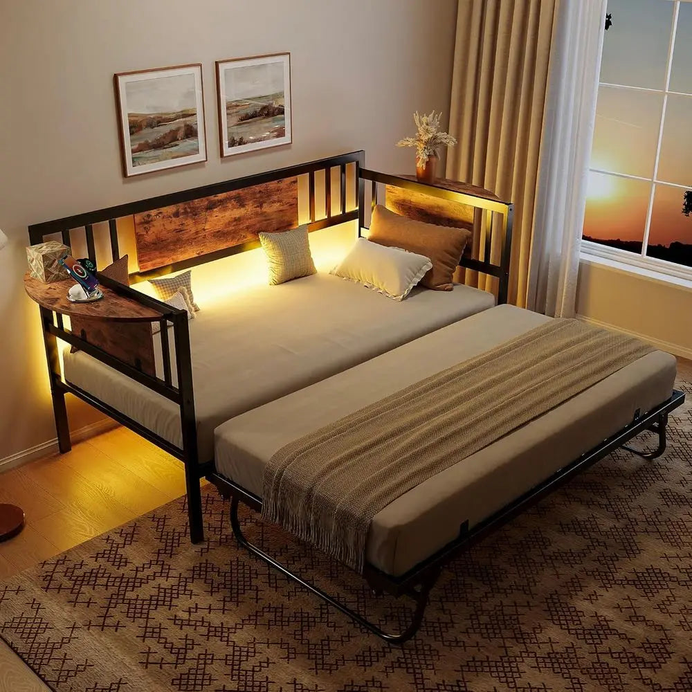 Likimio Daybed With Trundle And LED Lights Charging Station
