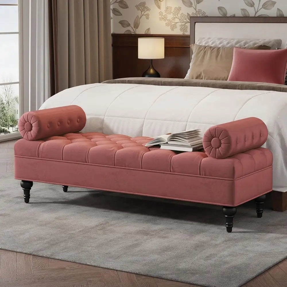 Reddis Velvet Ottoman With Detachable Pillow Wooden Bedroom Bench