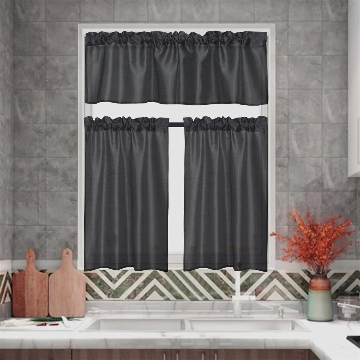Jiangsu Craft Of Weaving Faux Silk Sheer Curtain Set 3 Panels With Valance