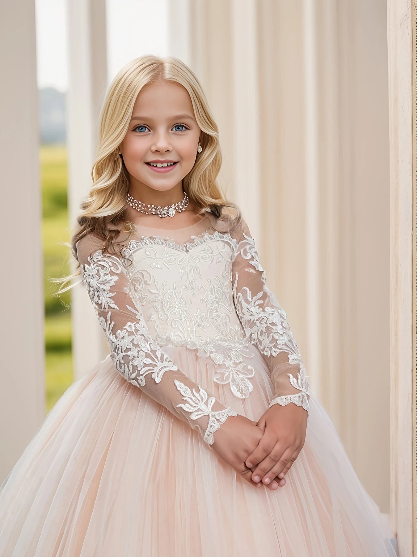 Abaowedding Lace Embroidery Sheer Long Sleeves Girls Gowns