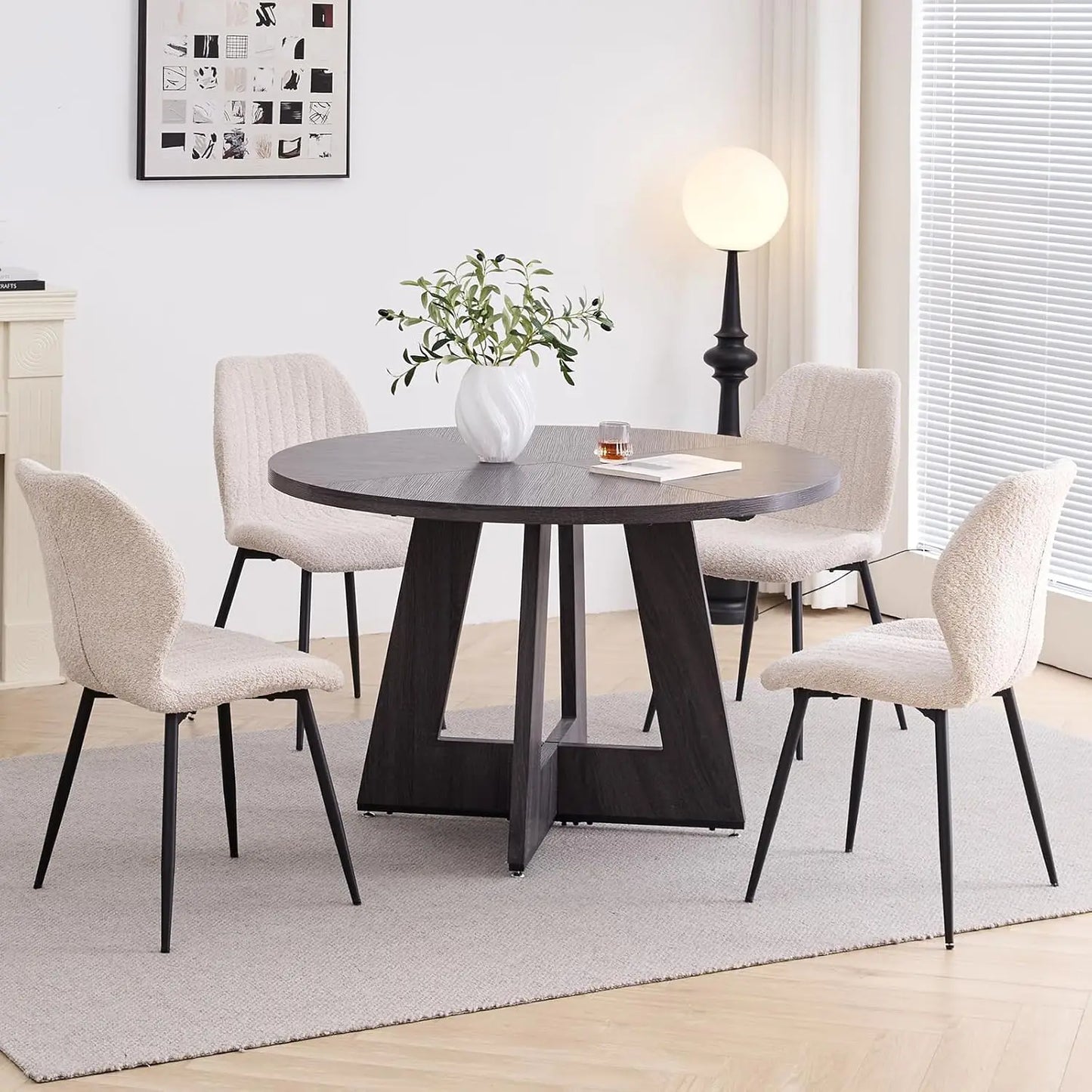 Round Mid-Century Dining Table Set With Metal Legs And Chairs