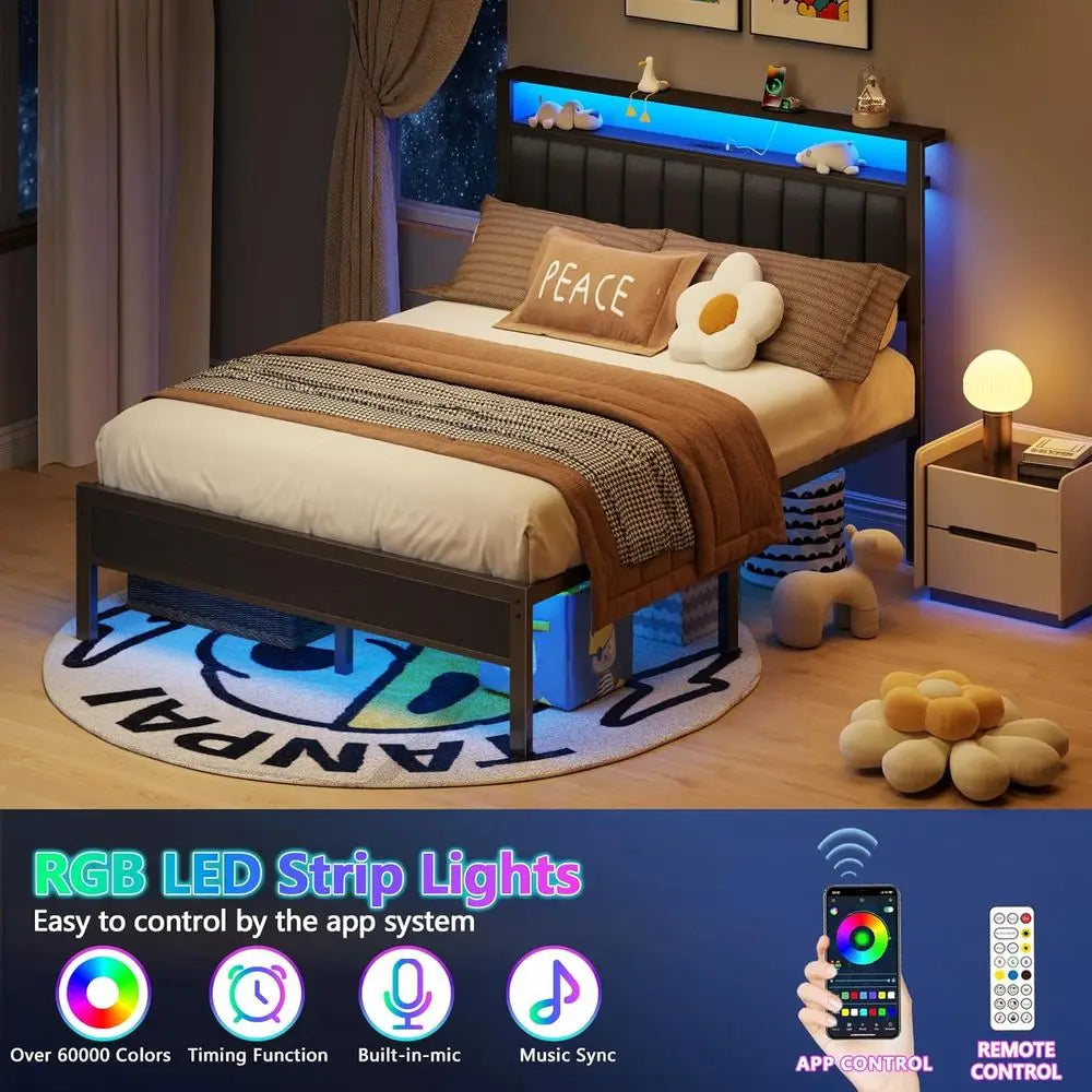 Queen Platform Bed With Charging Station LED Lights And Storage
