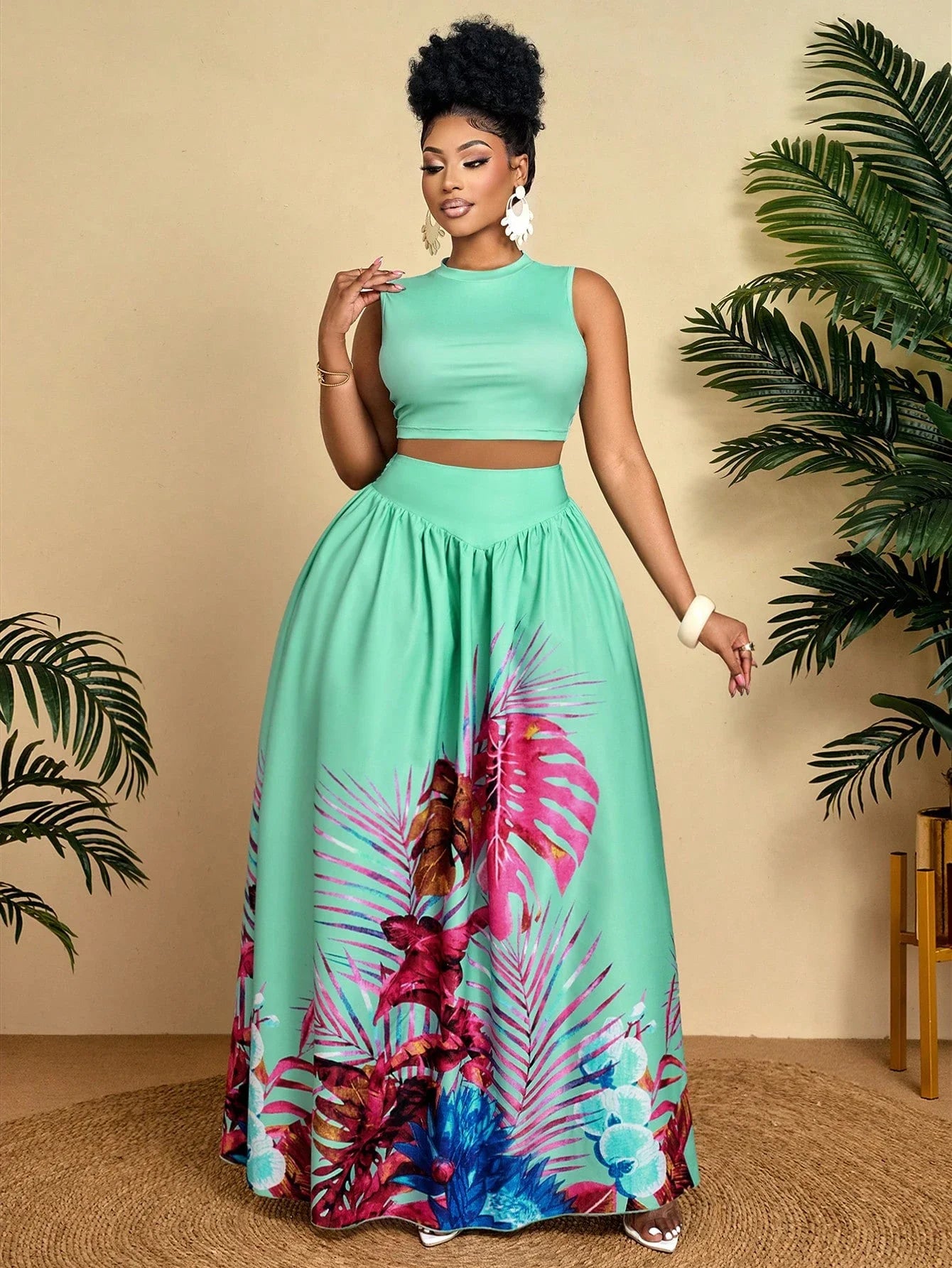 Two Piece Set Sleeveless Crop Top and Floral Maxi Skirt