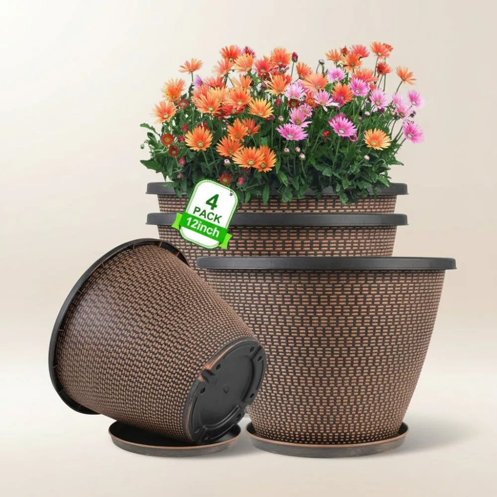 Plant Pots 4-Pack With Drainage Holes And Saucers Indoors Outdoors