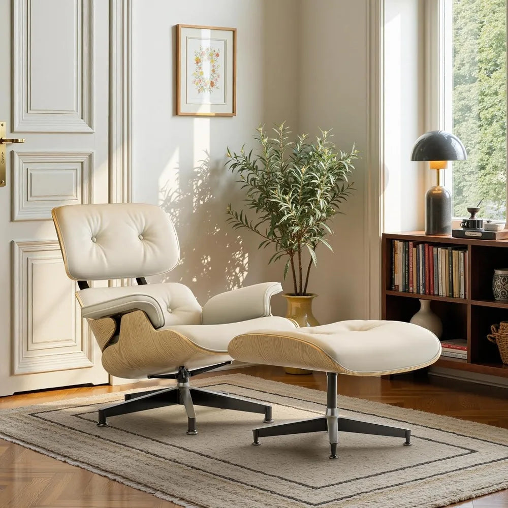 ZHUXIANG Grain Leather Mid Century Chaise Lounge Chair And Ottoman Ash Wood Base