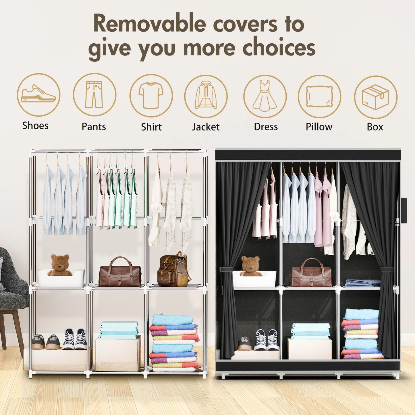 Portable Closet Wardrobe With Metal Frame And Nonwoven Fabric Cover