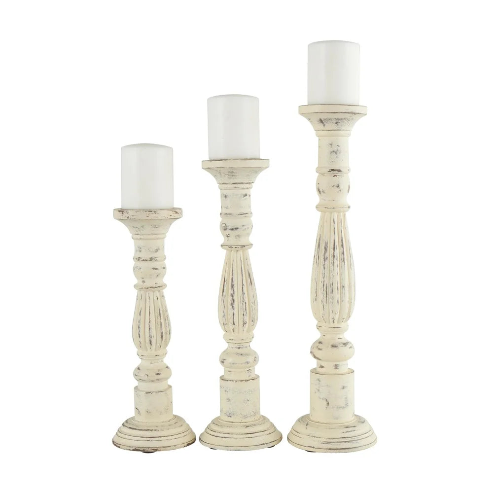 Mango Wood Candle Holders Set of 3 Hand Carved Pillar Stands