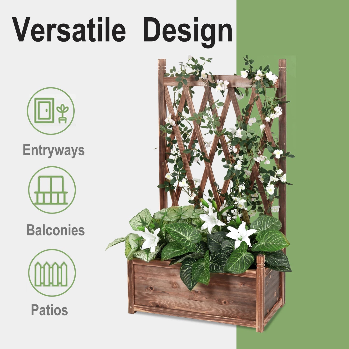 Elevated Wood Planter Box With Trellis For Herbs And Flowers