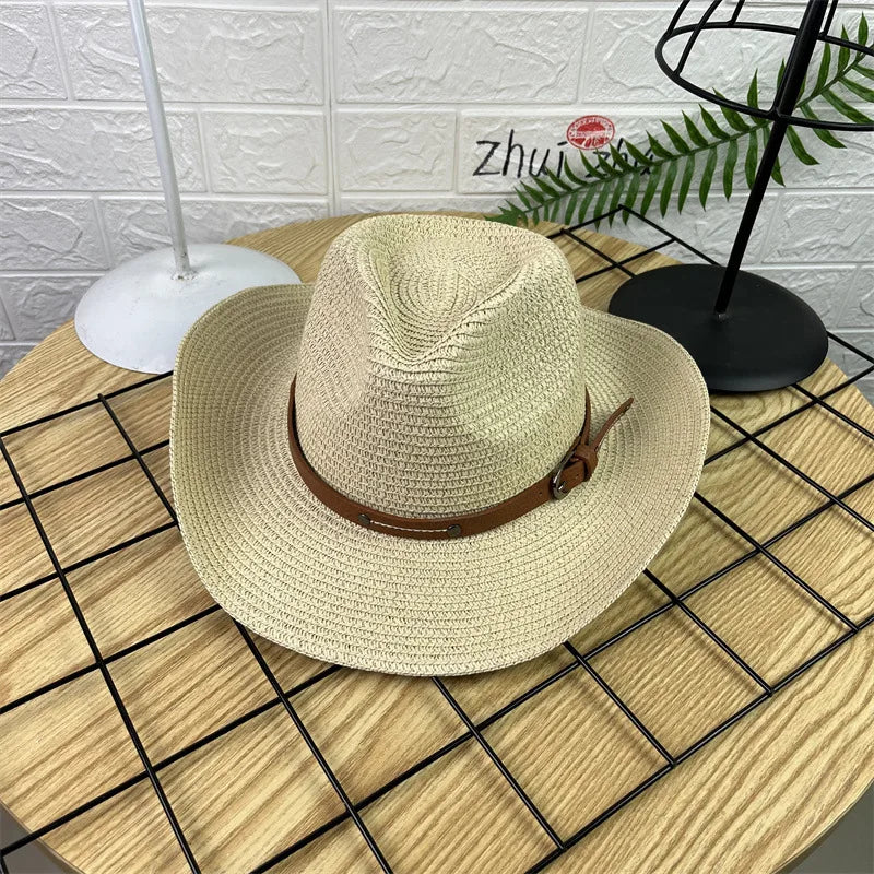 Wide Brim Straw Cowboy Hat Sun Protection for Summer