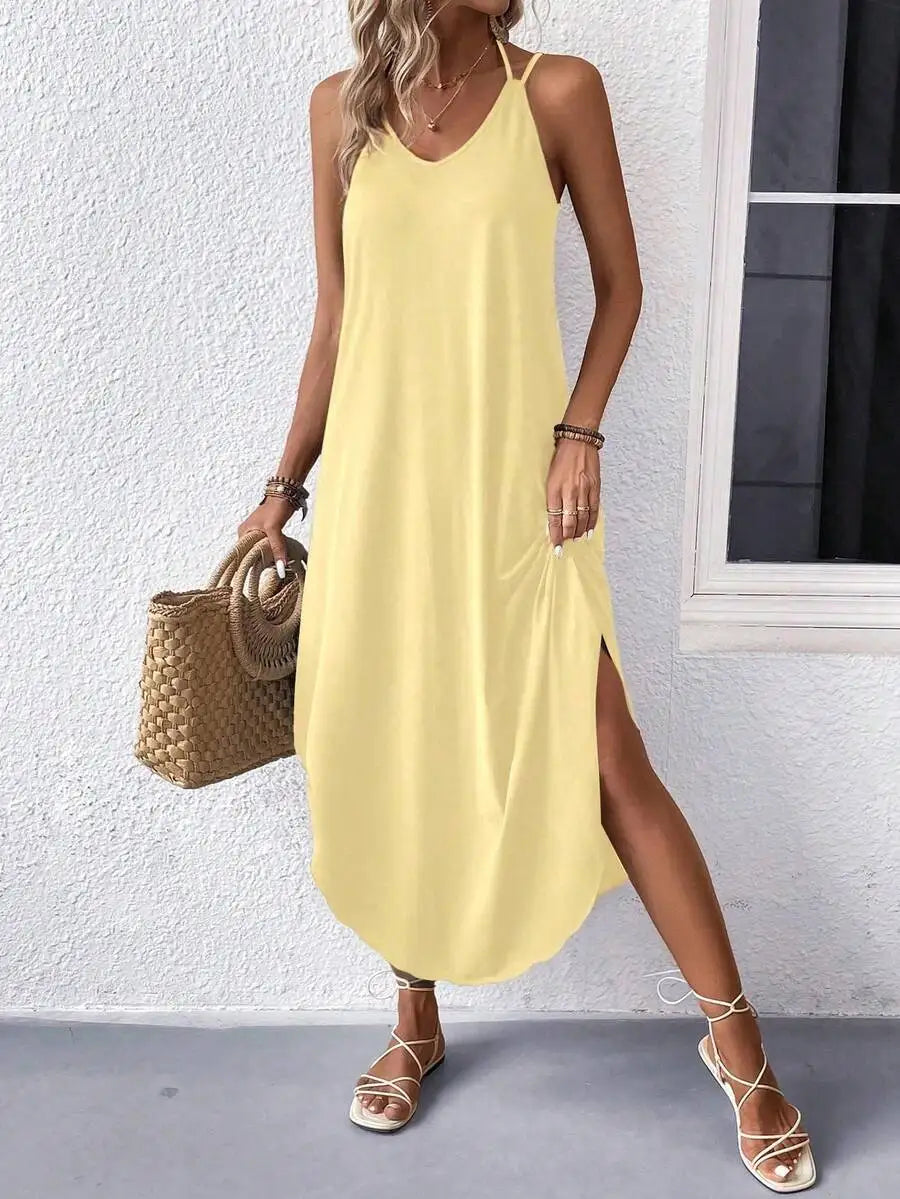 Sleeveless V Neck Maxi Dress With Side Slit Flowy Fit Casual Summer
