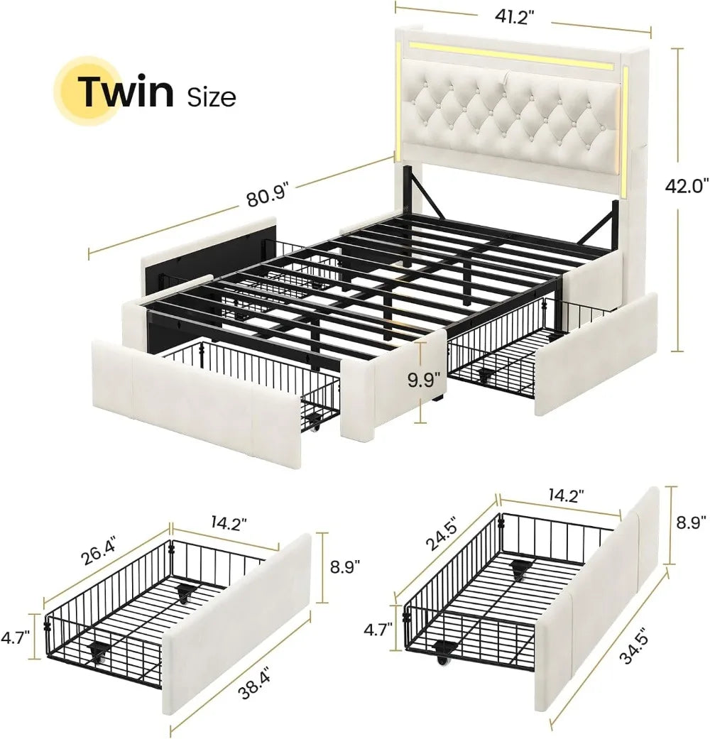 LED Bed Frame With Storage Drawers And Charging Station