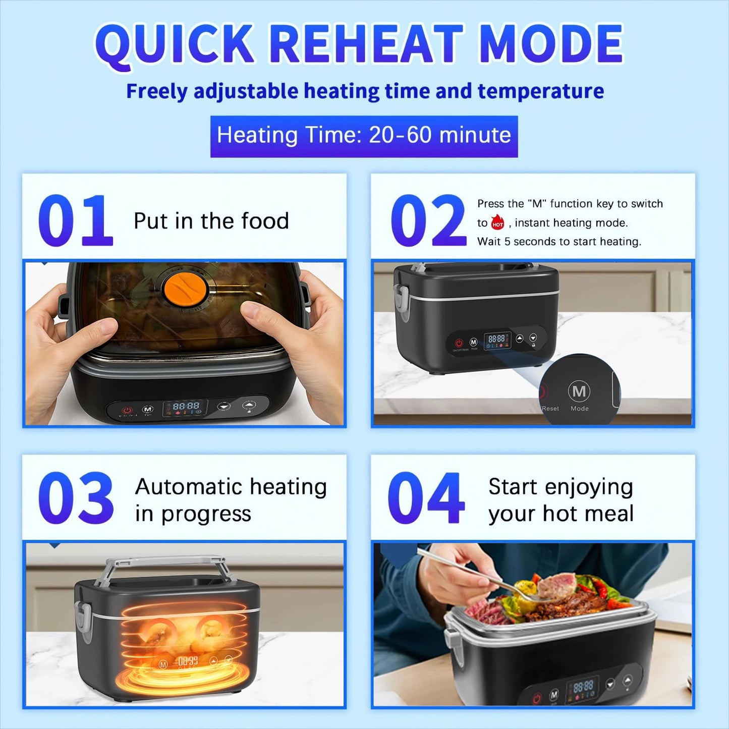 Wireless Lunch Box Heater 12000mAh With Five Sided Heating And Auto Temp Control