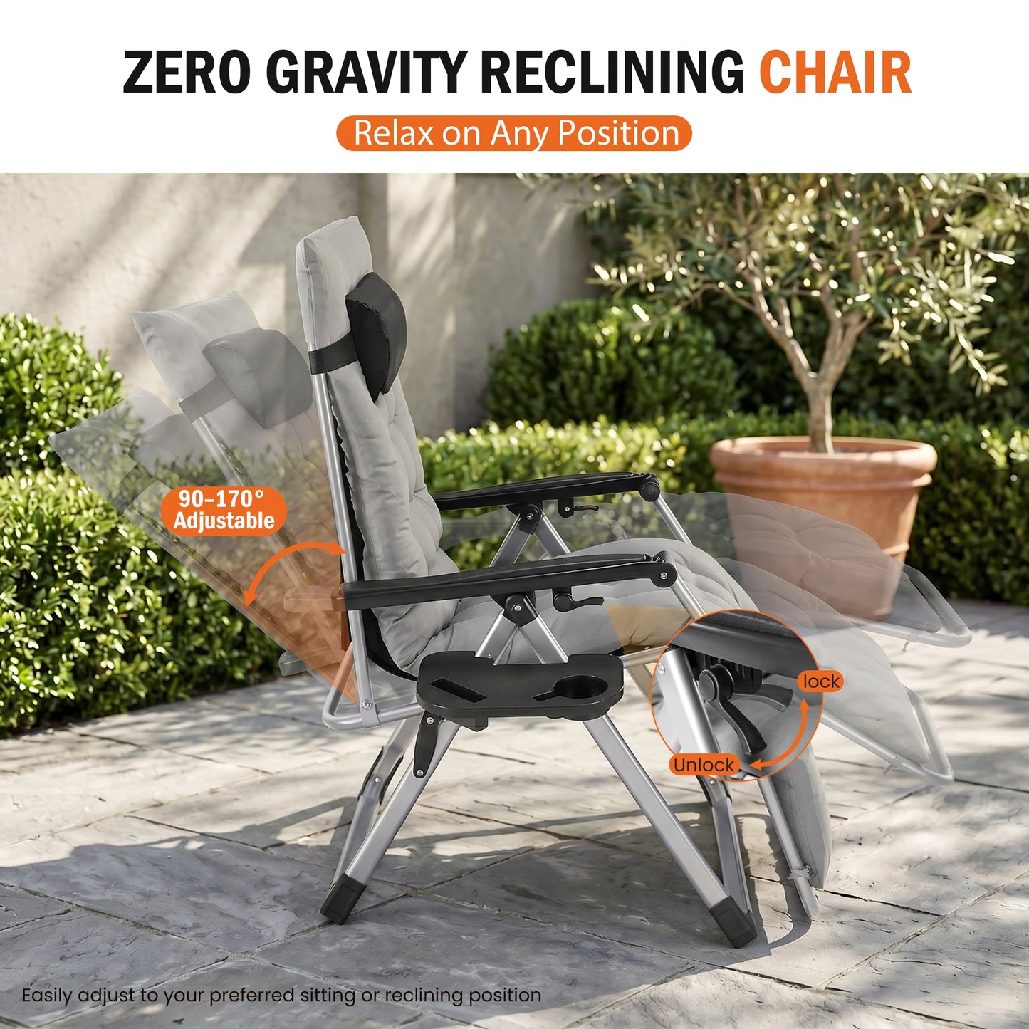 JHK Zero Gravity Outdoor Camping Lounge Chair With Cup Holders